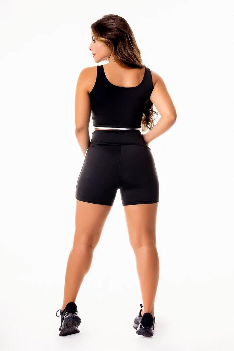 Conjunto Feminino Cropped Regata Preto Detalhe Em Listra Branca e Short Preto Cintura Alta