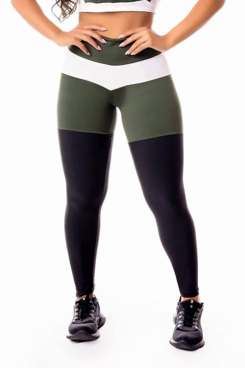 Calça Legging Feminina Cintura Alta Preta Detalhes Em Verde Militar e Faixa Branca