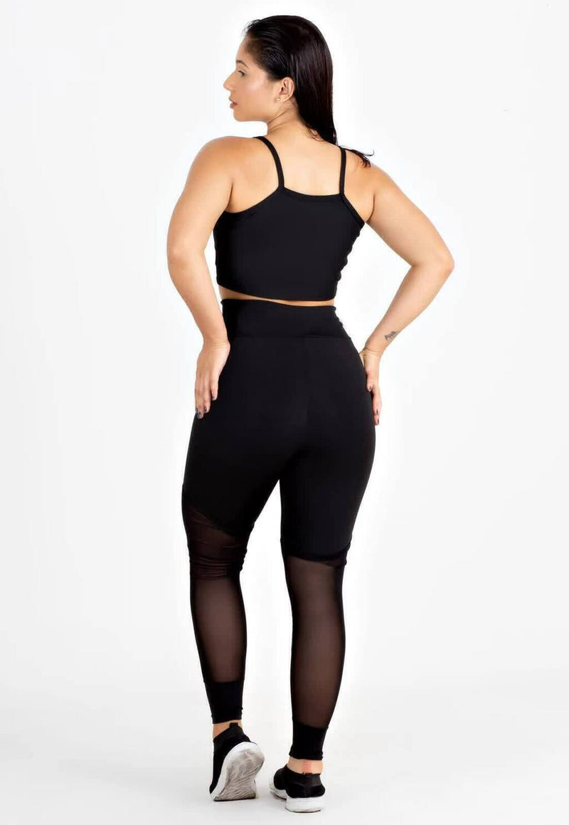 Conjunto Fitness Feminino Cropped Alcinha Com Tela Preta + Calça Legging Detalhe De Tela Preta