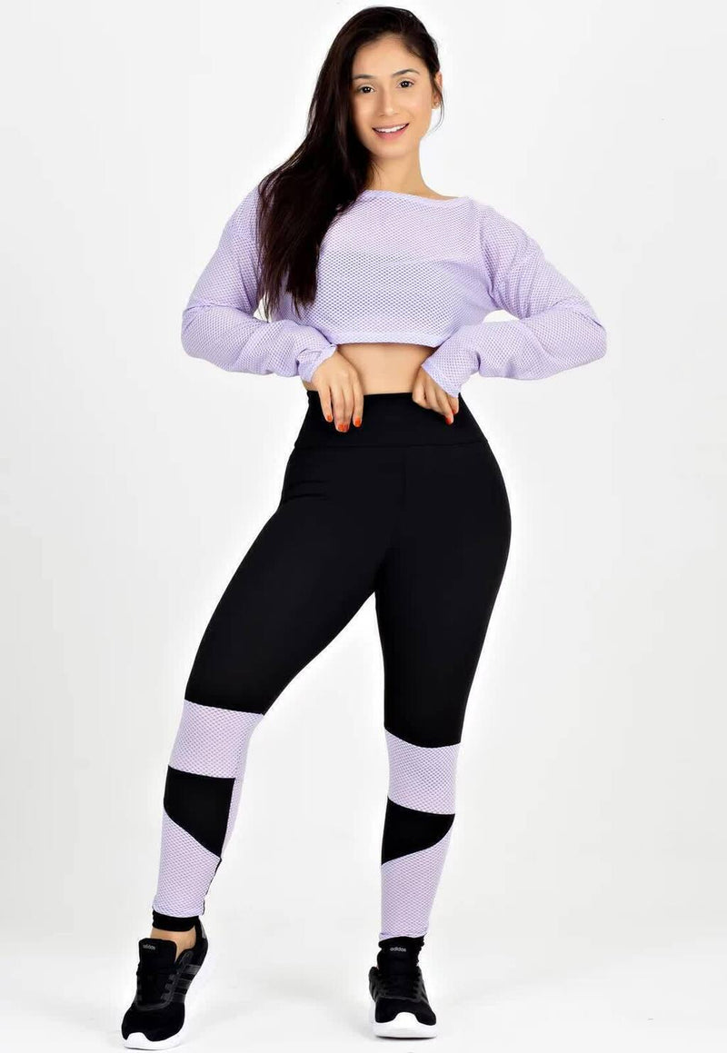 Conjunto Fitness Feminino Cropped De Tela Manga Longa Lilá + Calça Legging Cintura Alta Preta Detalhe Em tela Lilás