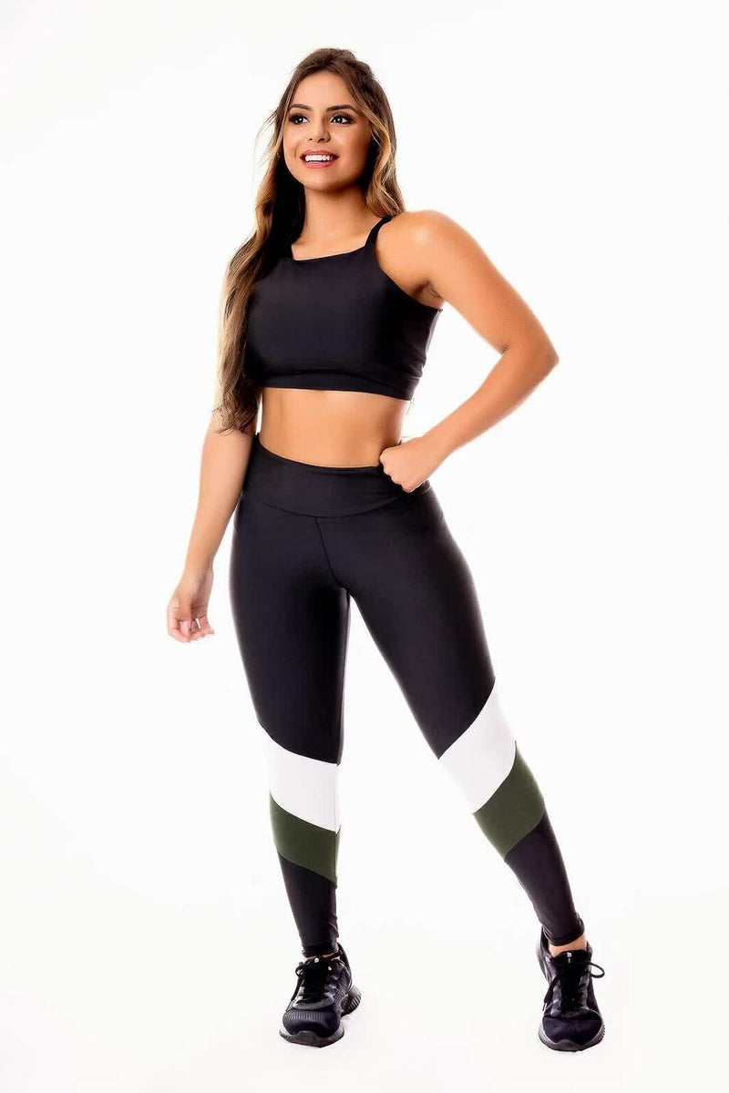 Conjunto Fitness Feminino Cropped Alcinha Preto + Calça Legging Cintura Alta Detalhe Verde Militar e Branco