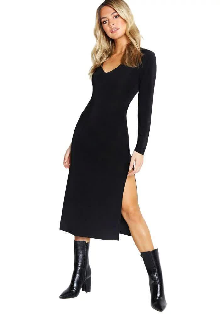 Vestido Feminino Midi Manga Longa Decote Em V Fenda Lateral Preto