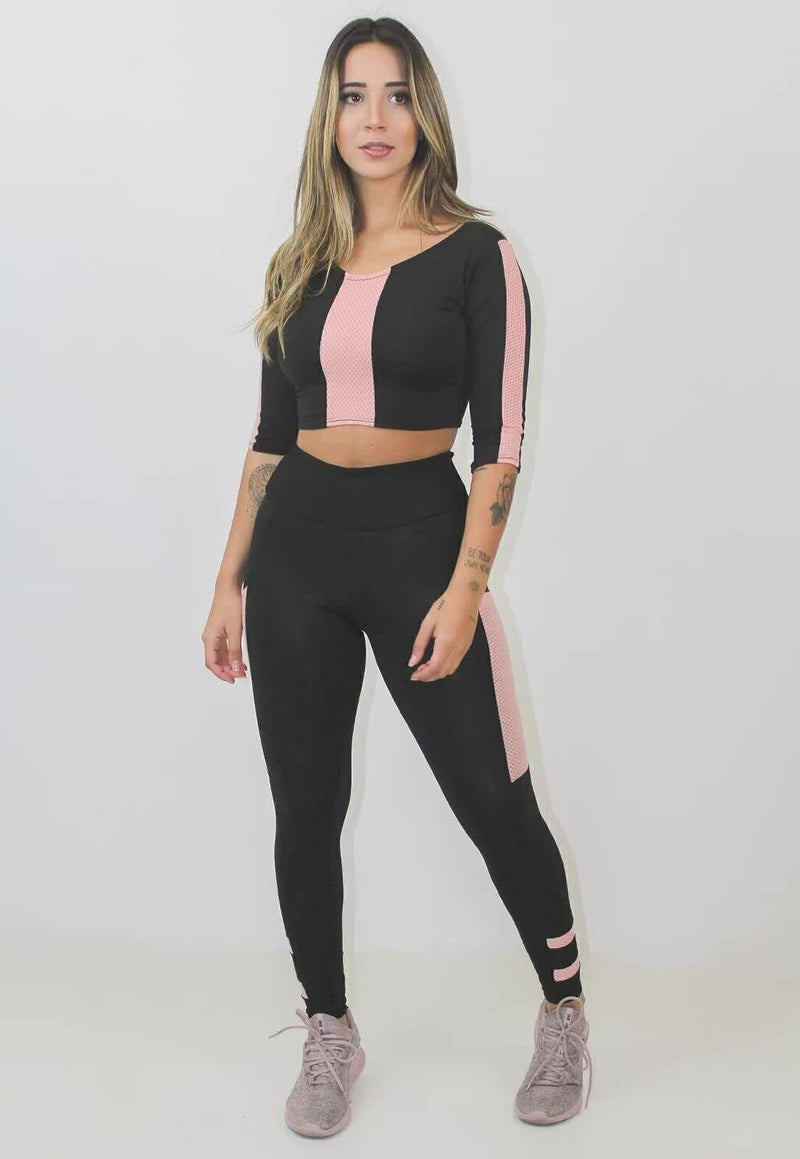 Conjunto Fitness Feminino Cropped&nbsp; Manga Longa Preto e Rosa + Calça Legging Cintura Alta Preta Detalhe Rosa