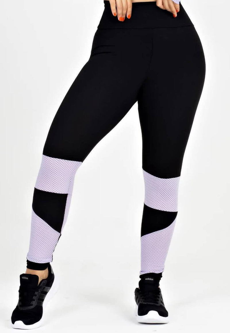 Conjunto Fitness Feminino Cropped De Tela Manga Longa Lilá + Calça Legging Cintura Alta Preta Detalhe Em tela Lilás