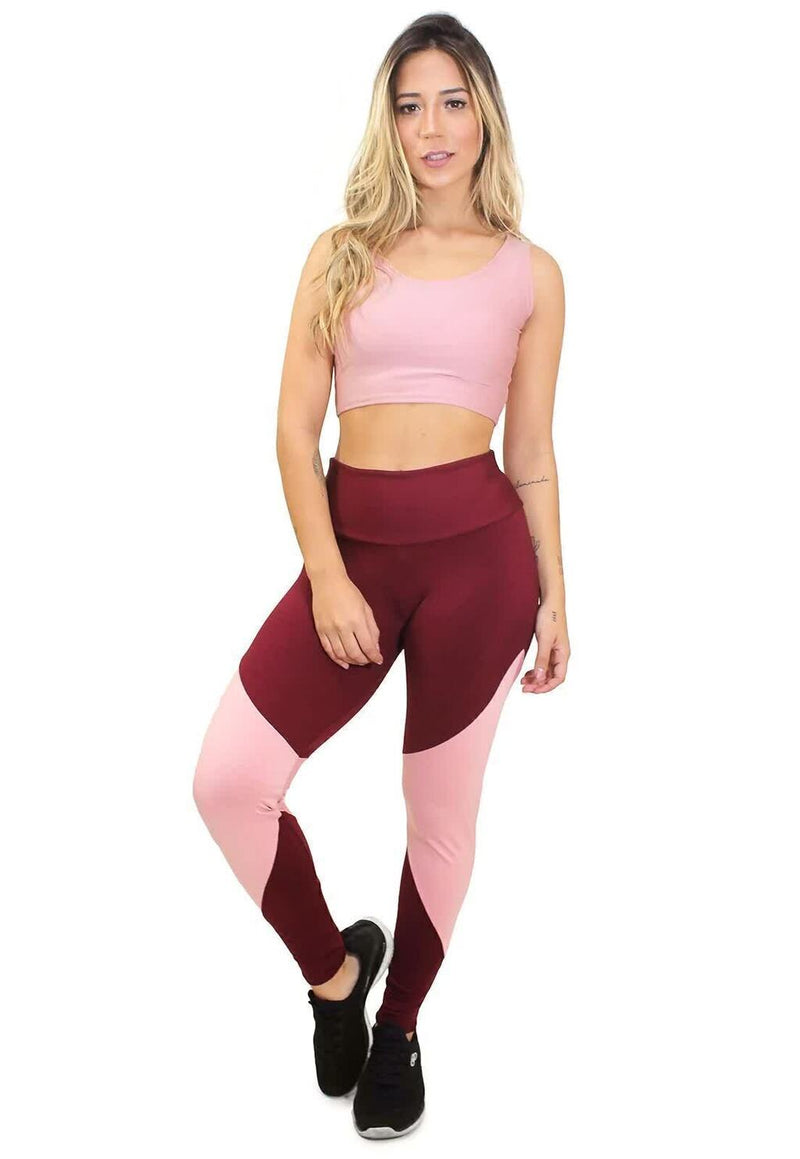 Conjunto Feminino Fitness Cropped Rosa e Calça Legging Marsala e Rosa