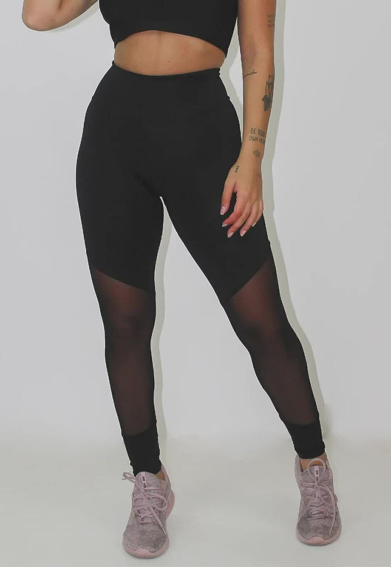 Calça Legging Feminina Cintura Alta Preta Com Tule Transparente