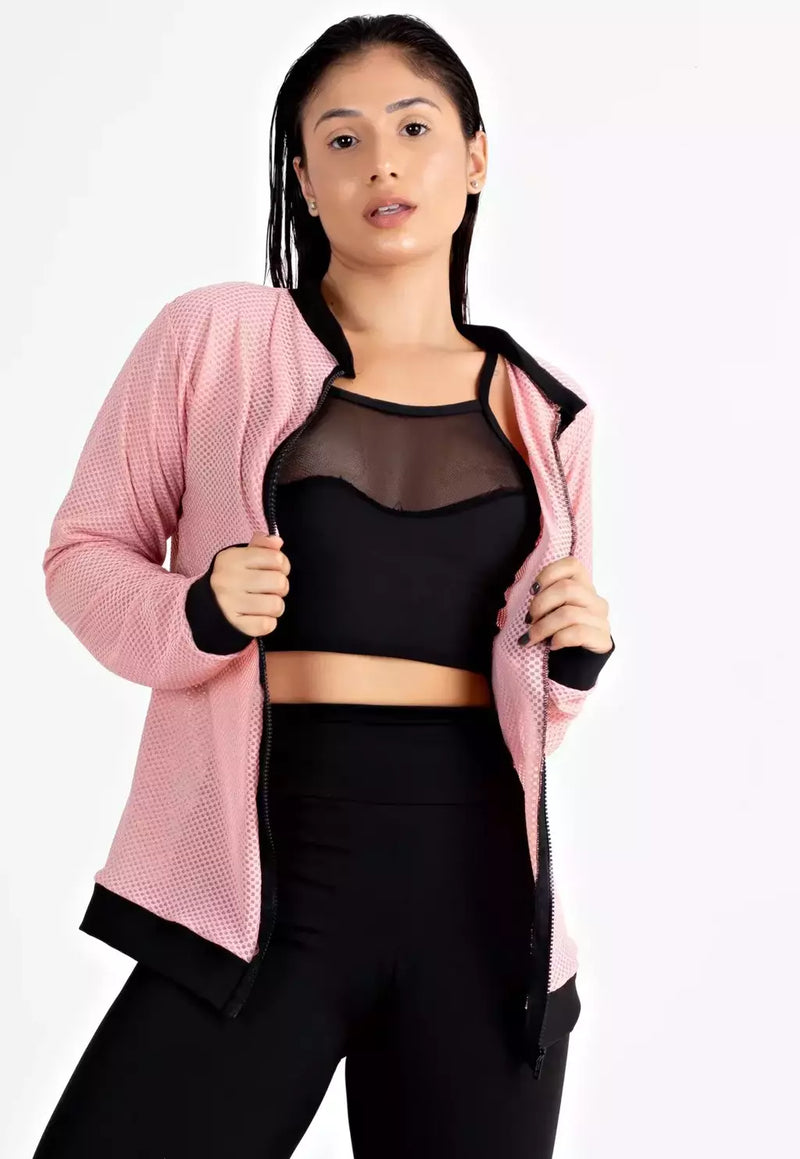 Casaco Feminino Fitness Longo Rosa De Tela Com Ziper