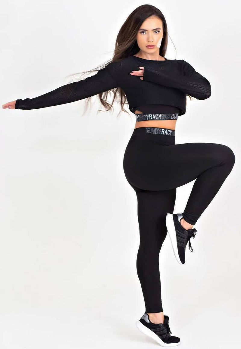 Conjunto Fitness Feminino Cropped Alcinha Preto Detalhe Elástico Preto + Cropped De Tela Manga Longa Preta + Calça Legging Cintura Alta Preta Com Elástico Preto