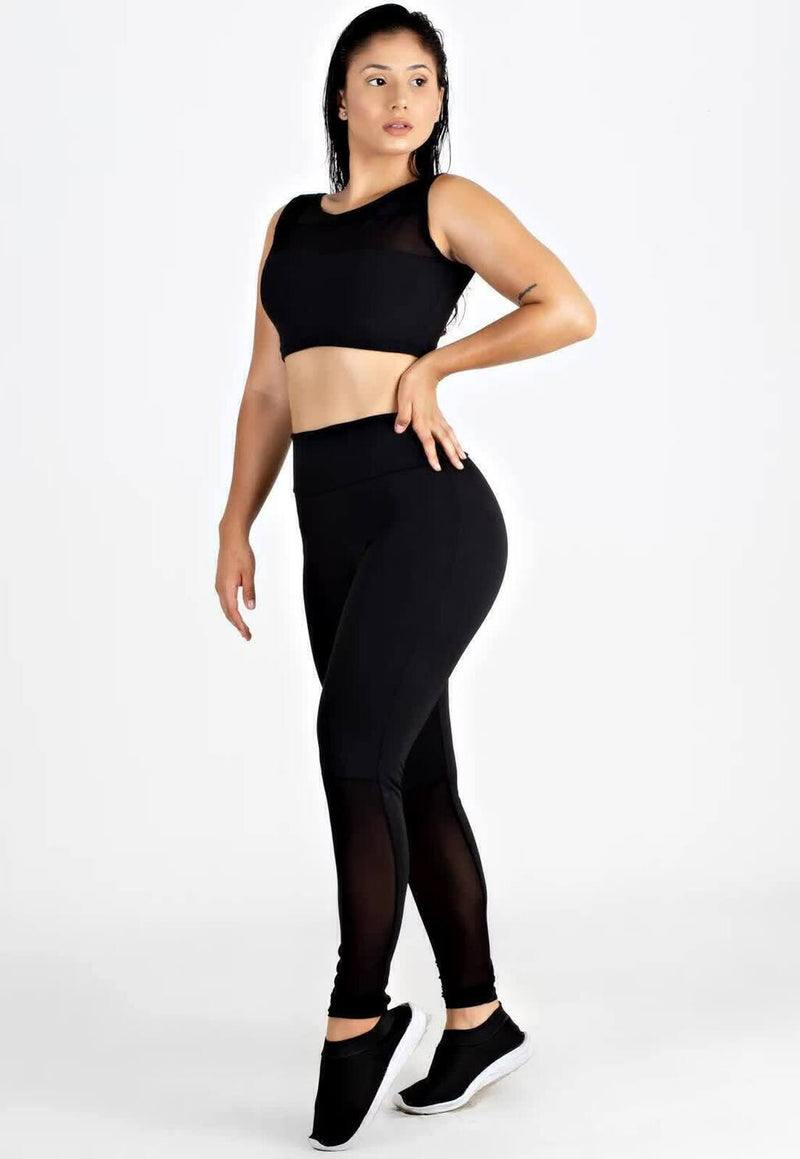 Conjunto Fitness Feminino Cropped Detalhe transparente Preto + Calça Legging Detalhe transparente Preta