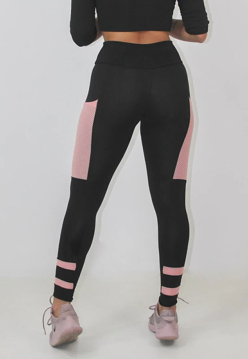 Calça Legging Feminina Cintura Alta Preta Com Detalhes e Bolso Em Tela Rosa