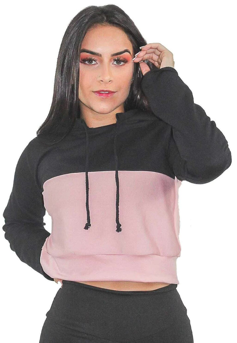 Casaco Feminino Moletom Preto/Rosa Capuz