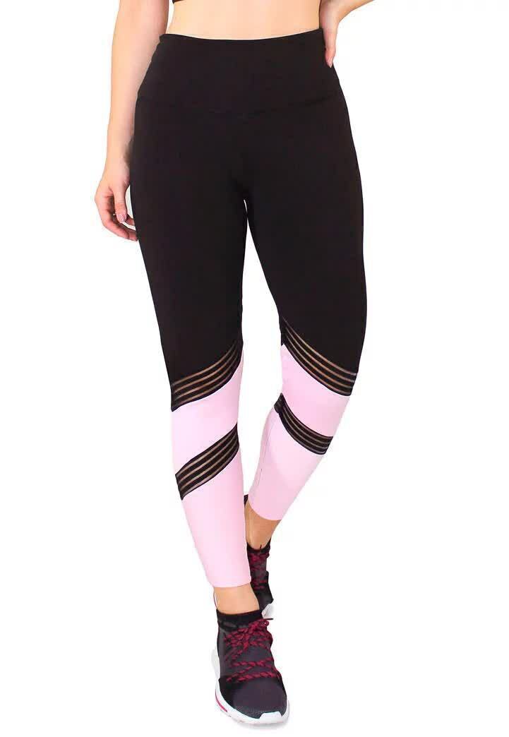 Calça Legging Feminina Cintura Alta Preta Detalhe Em Rosa e Listras