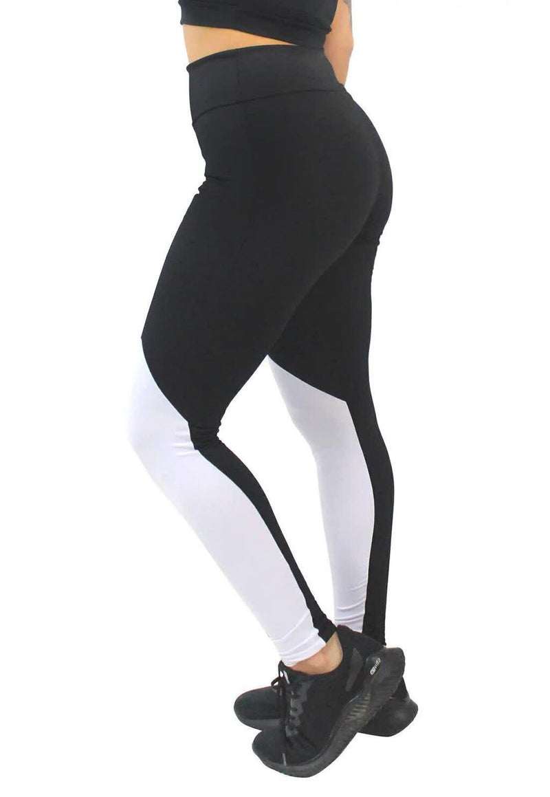 Calça Legging Feminina Cintura Alta Preta Detalhe Em Branco Na Canela