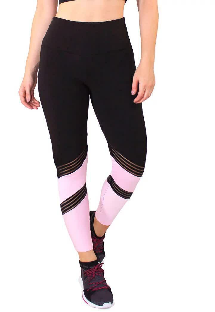 Calça Legging Feminina Cintura Alta Preta Detalhe Em Rosa e Listras