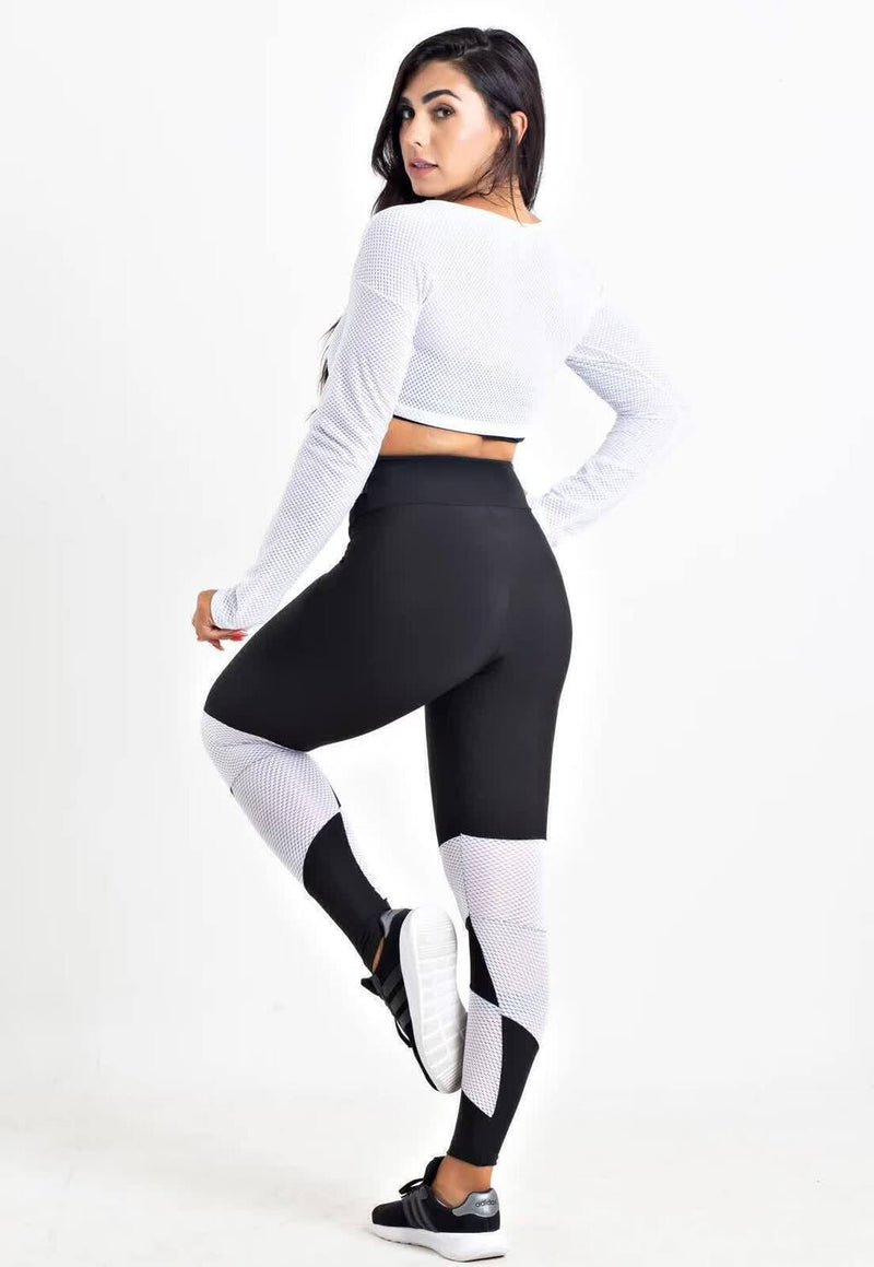 Conjunto Feminino Fitness Cropped Tela Manga Longa e Calça Legging Branca