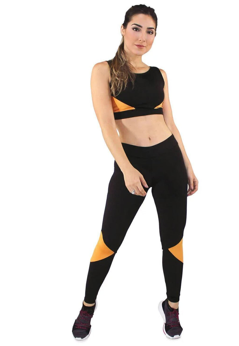 Conjunto Fitness Feminino Cropped Preto Detalhe Laranja + Calça Legging Preta Detalhe Laranja