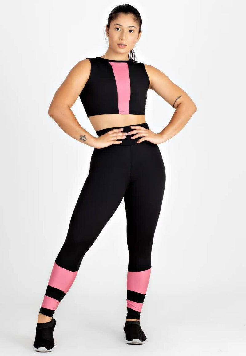 Conjunto Fitness Feminino Cropped Preto Detalhe Rosa + Calça Legging Cintura Alta Preta Detalhe Rosa