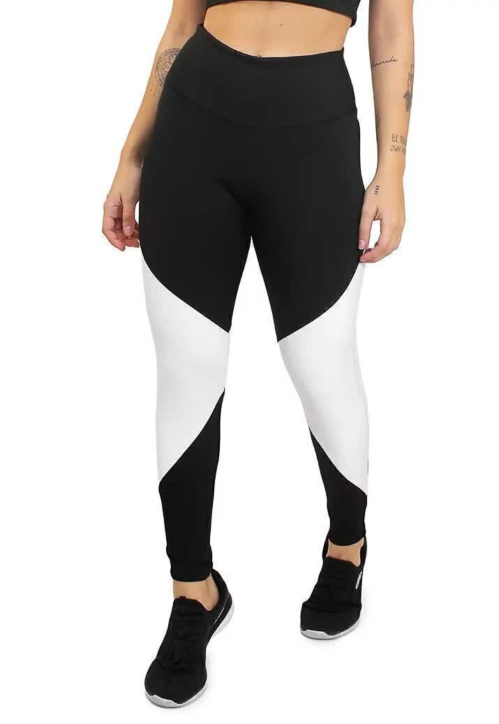 Calça Legging Feminina Cintura Alta Preta Detalhe Em Branco