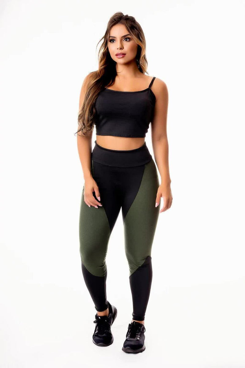 Conjunto Fitness Feminino Cropped Alcinha Preto + Calça Legging Cintura Alta Detalhe Verde Militar