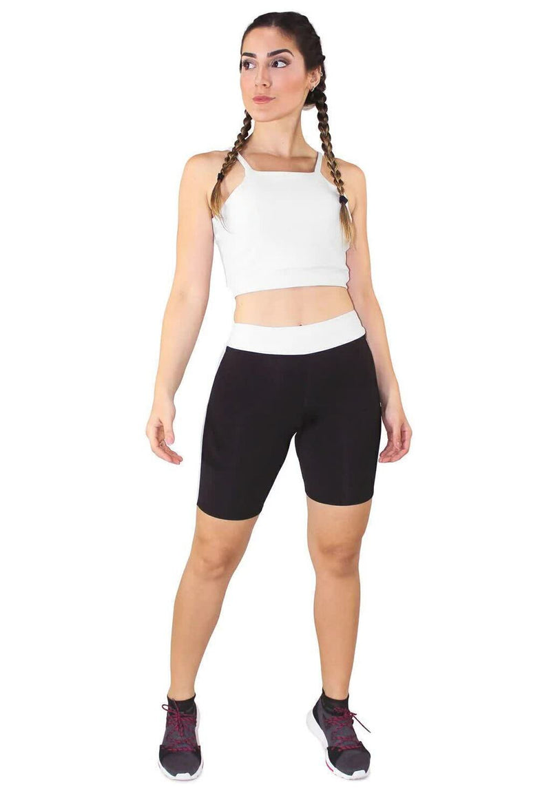 Cropped Alcinha Branco + Shorts Preto Com Branco Conjunto Fitness