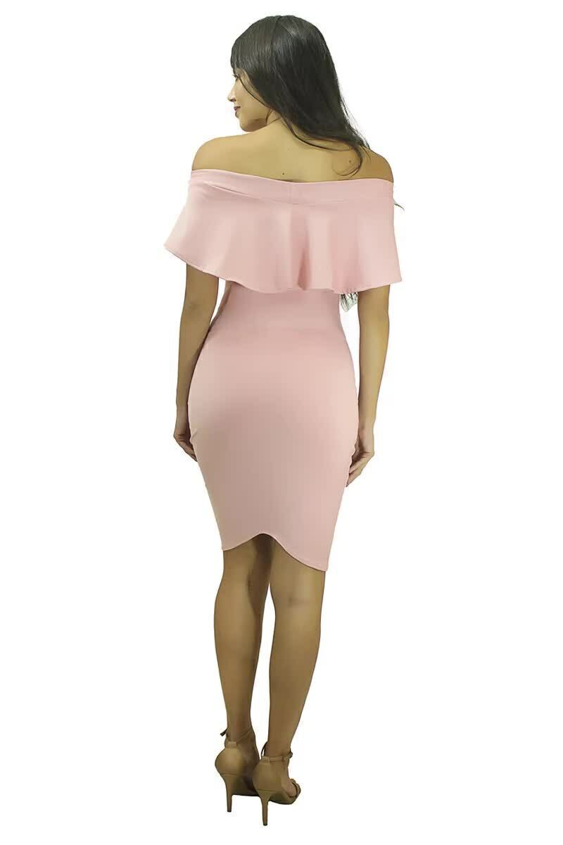 Vestido Feminino Midi Tubinho Ombro a Ombro Com Babado Rosa