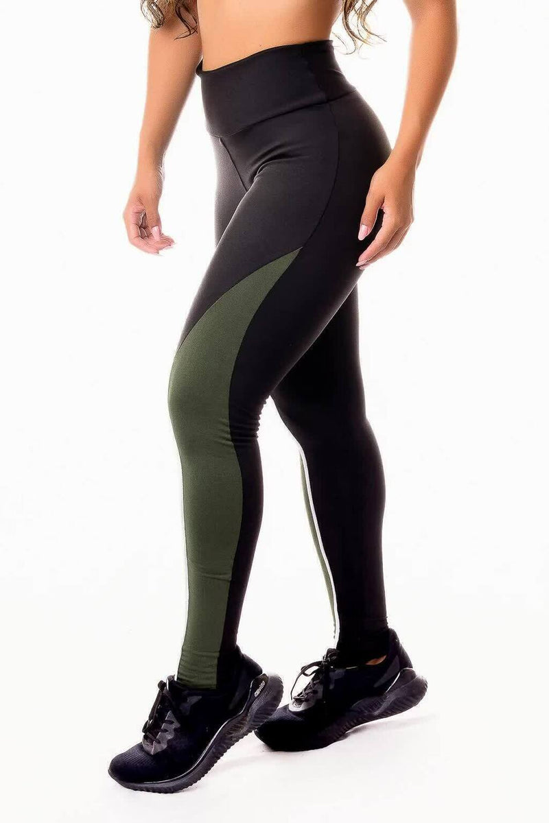 Calça Legging Feminina Cintura Alta Preta Detalhe Lateral Em Verde Militar e Listra Branca