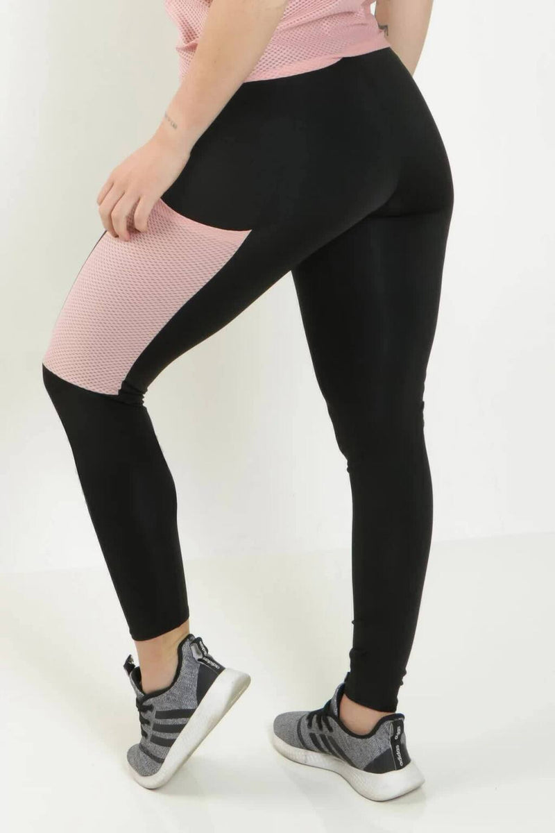 Calça Legging Feminina Cintura Alta Preta Detalhe Bolso Em Tela Rose