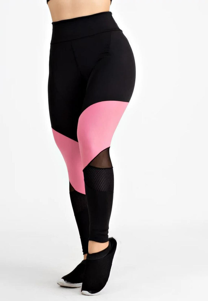 Calça Legging Feminina Cintura Alta Rosa Detalhe Em Rosa e Em Tule Transparente