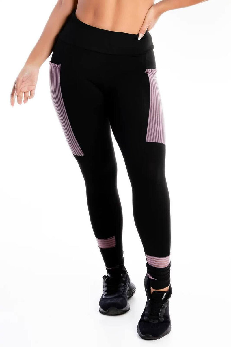 Calça Legging Feminina Cintura Alta Preta Com Bolso e Detalhe Violeta