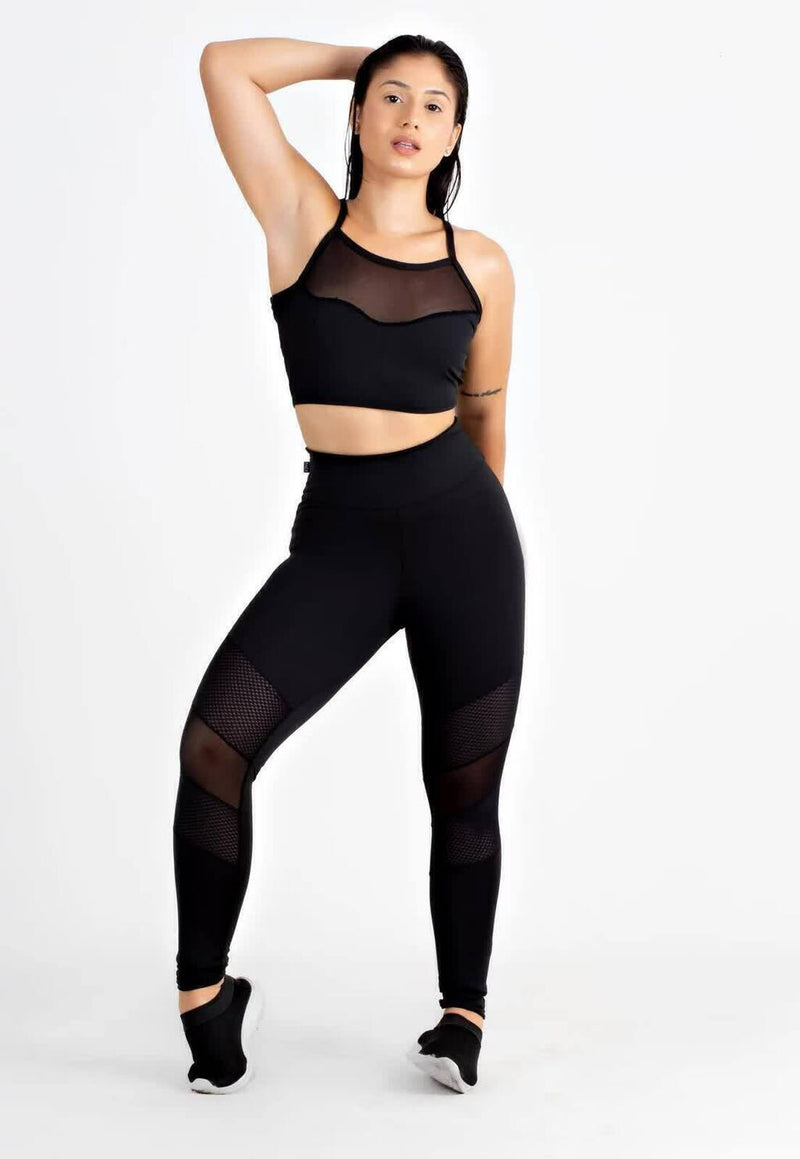 Conjunto Fitness Feminino Cropped Alcinha Preto Detalhe Em Tela + Calça Legging Cintura Alta Preta Detalhe Em Tela Transparente