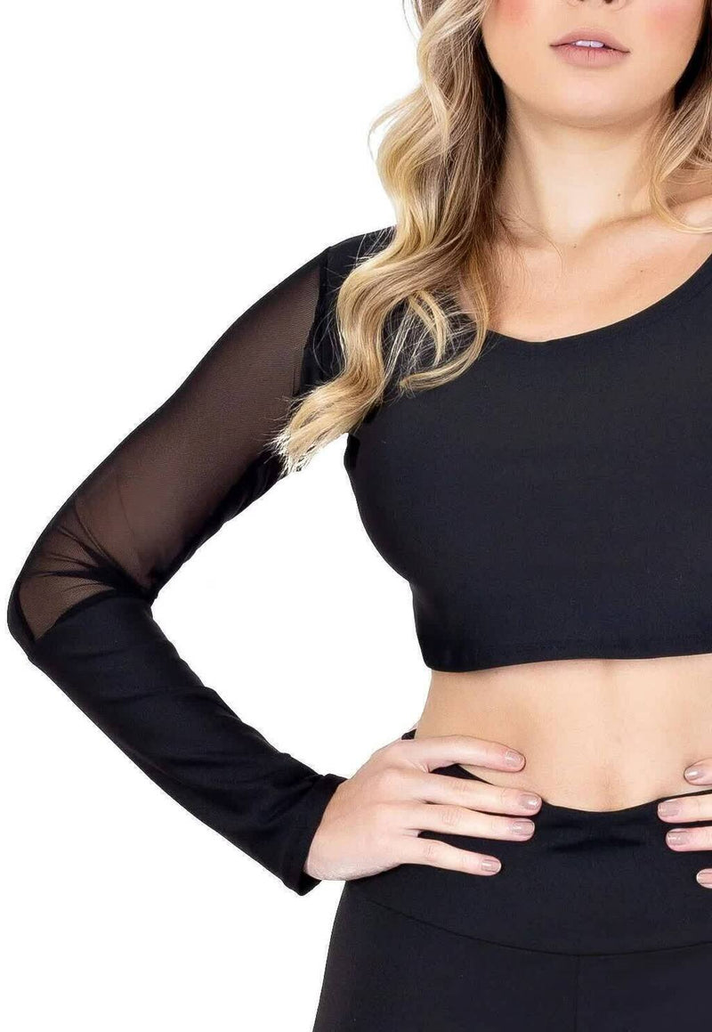 Conjunto Fitness Feminino Cropped Manga Longa Detalhe Em Tule Preto + Calça Legging Cintura Alta Preta Detalhe Rosa e Tela&nbsp;