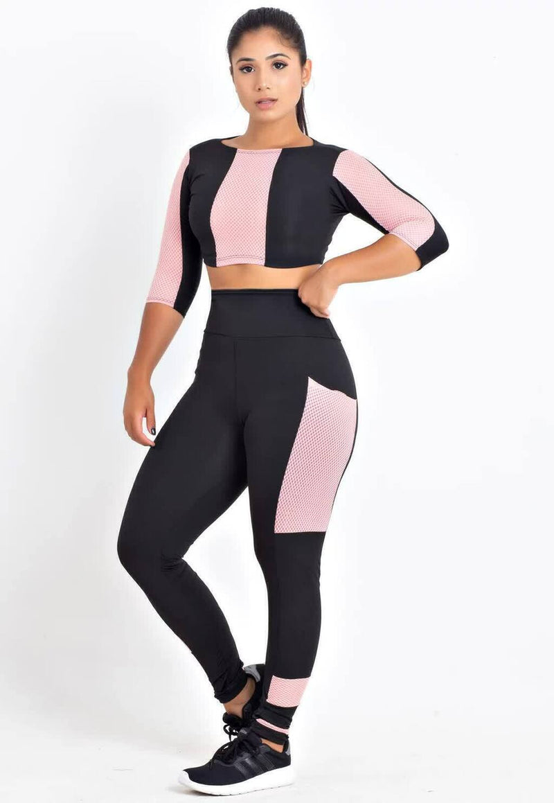 Conjunto Fitness Feminino Cropped&nbsp; Manga Longa Preto e Rosa + Calça Legging Cintura Alta Preta Detalhe Rosa