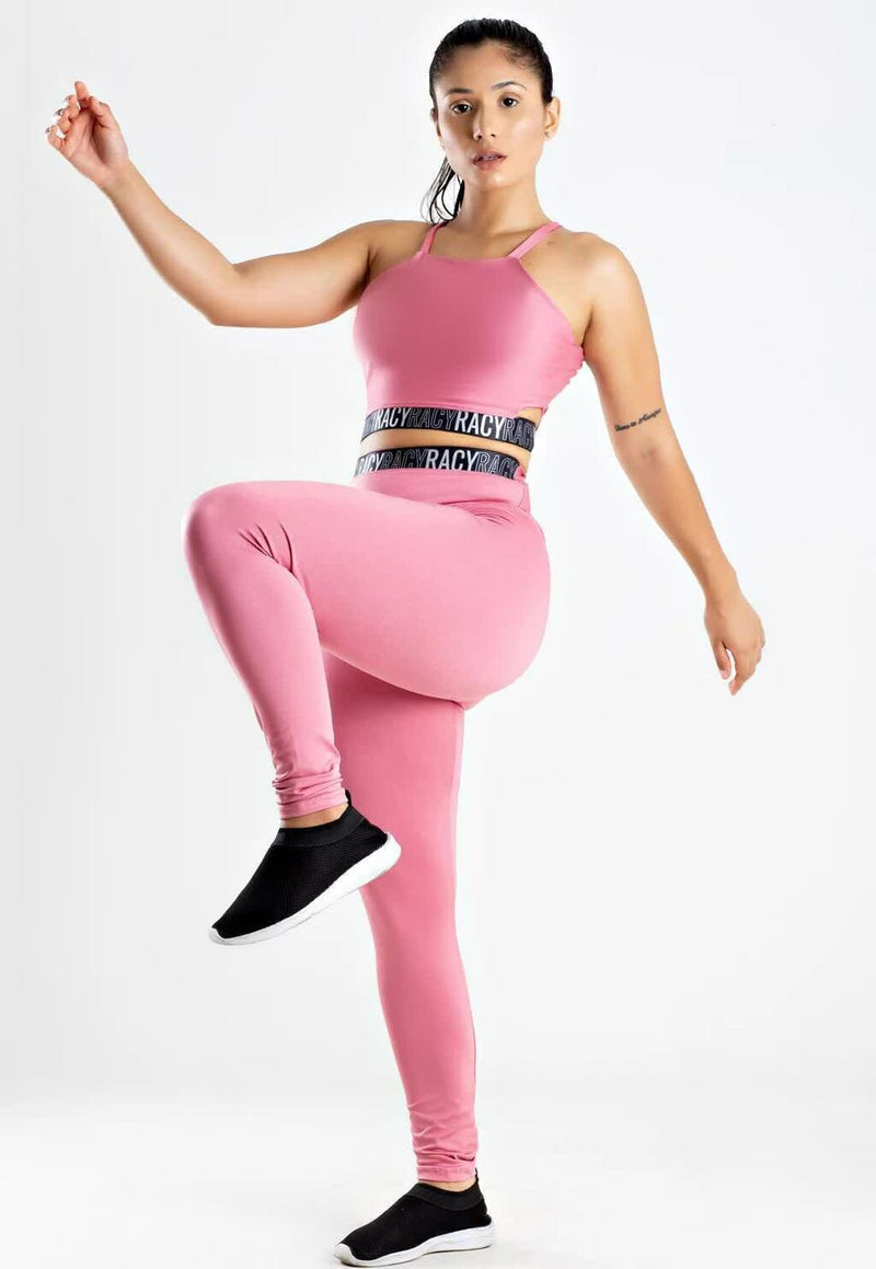 Conjunto Fitness Feminino Cropped Alcinha Rosa Elástico Preto + Calça Legging Cintura Alta Rosa Elástico Preto