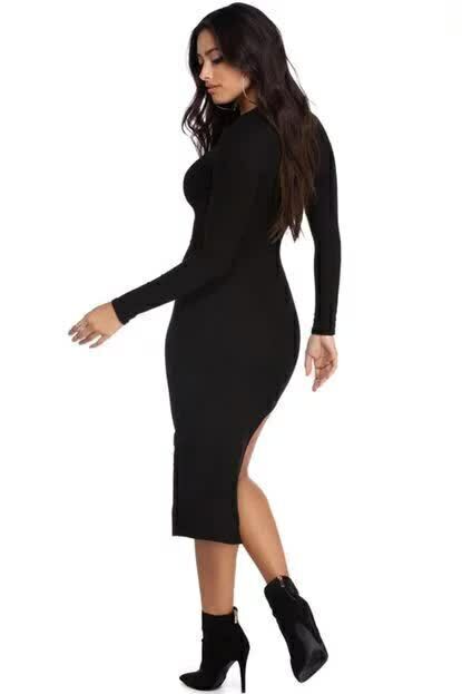 Vestido Feminino Midi Manga Longa Fenda e Abertura Lateral Preto