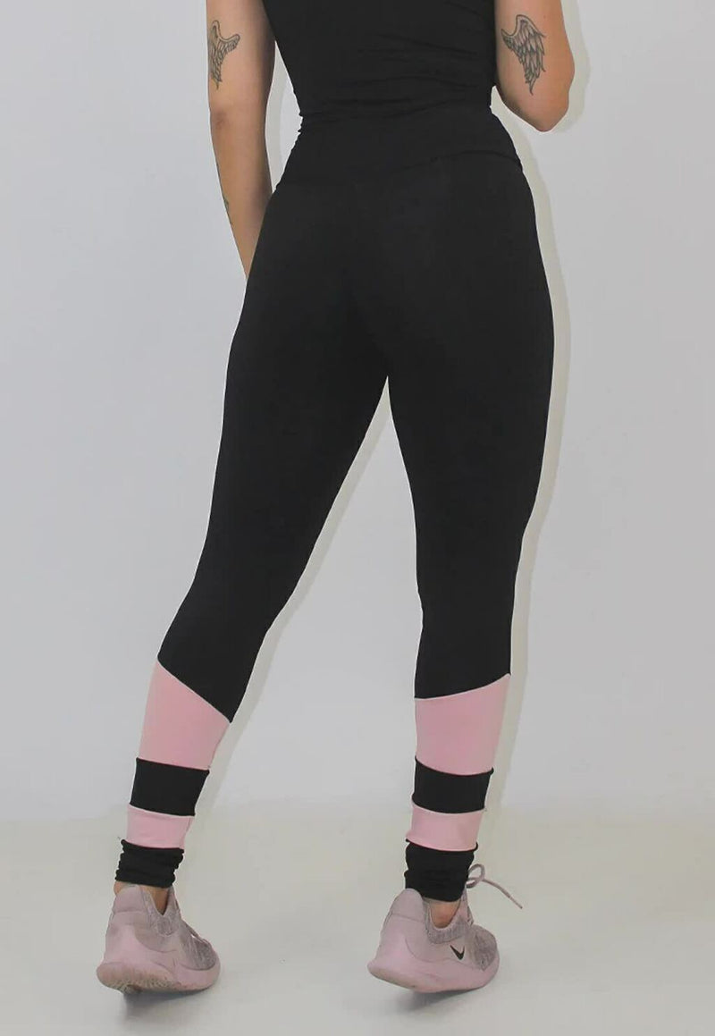 Calça Legging Feminina Cintura Alta Preta Com Detalhes Na Canela Rosa