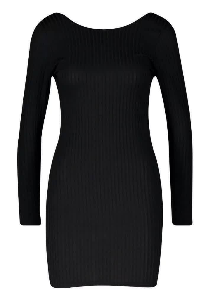 Vestido Feminino Curto Manga Longa Costa Nua Canelado Preto