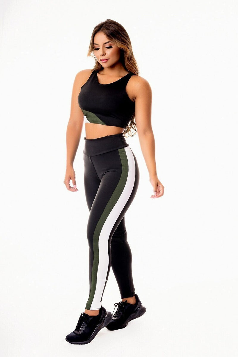 Feminino Calça Legging Preta com Faixas Verde Militar e Branco Cintura Alta e Cropped Regata Academia Conjunto Fitness