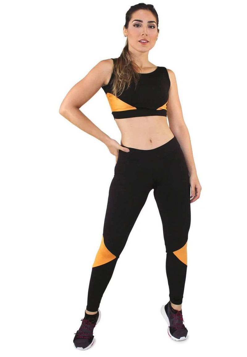 Conjunto Fitness Feminino Cropped Preto Detalhe Laranja + Calça Legging Preta Detalhe Laranja