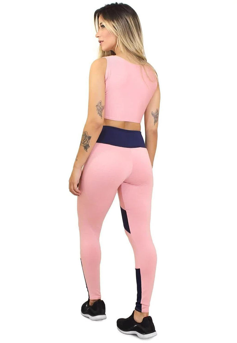 Conjunto Feminino Fitness Cropped Rosa e Calça Legging Rosa e Azul