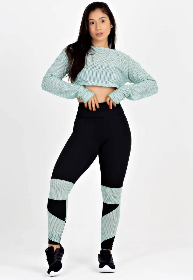 Cropped Em Tela + Calça Legging Com Detalhe Verde Conjunto Metamorfose