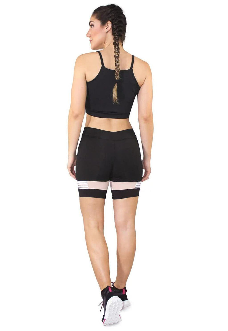 Conjunto Feminino Cropped Preto Alçinha e Short Preto Detalhe Rose