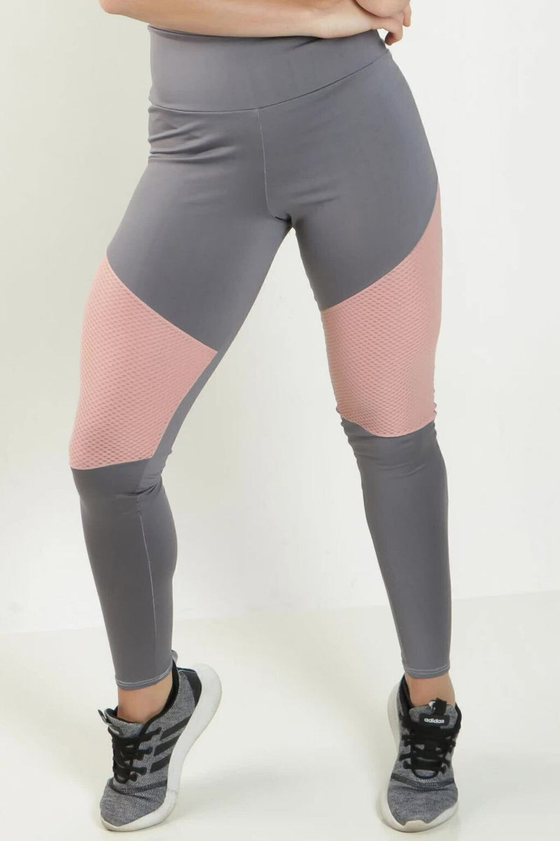 Calça Legging Feminina Cintura Alta Cinza Detalhe Em Tela Rosa