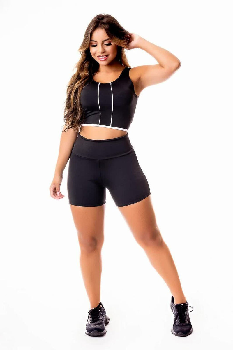 Conjunto Feminino Cropped Regata Preto Detalhe Em Listra Branca e Short Preto Cintura Alta