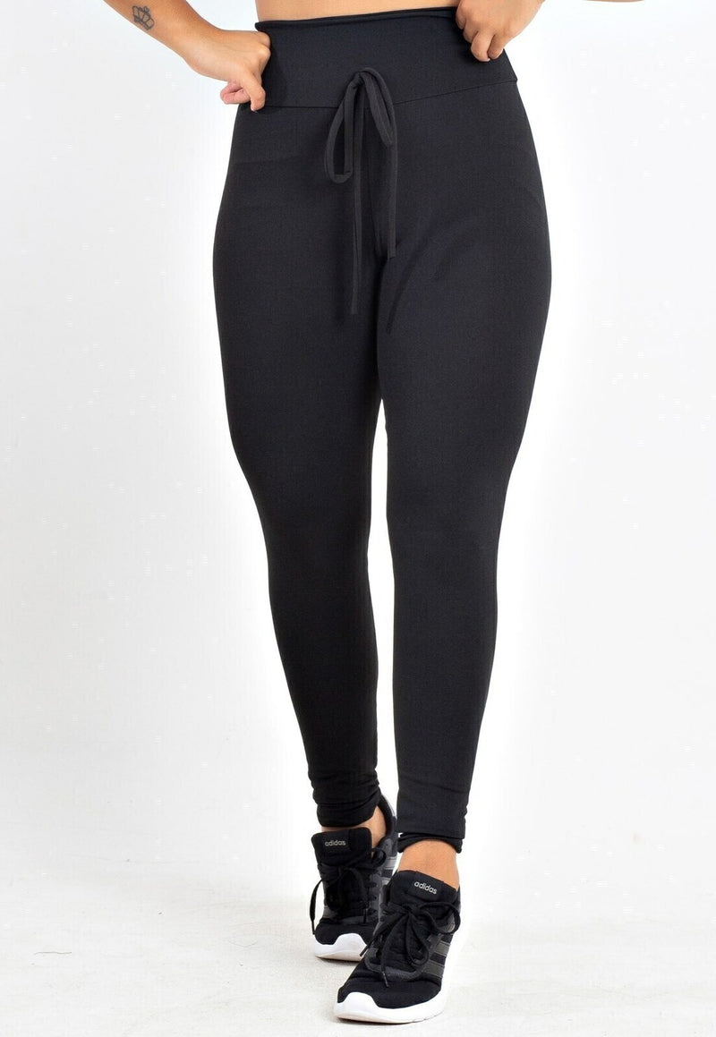 Calça Legging Feminina Cintura Alta Preta Detalhe Com Cadarço Falso