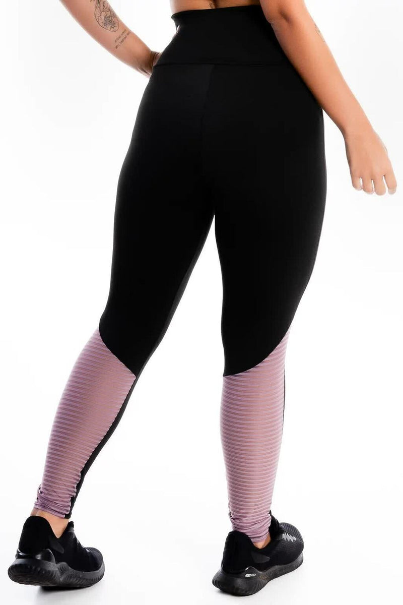 Calça Legging Feminina Cintura Alta Preta Com Betalhe Rosa E Em Tela Transparente