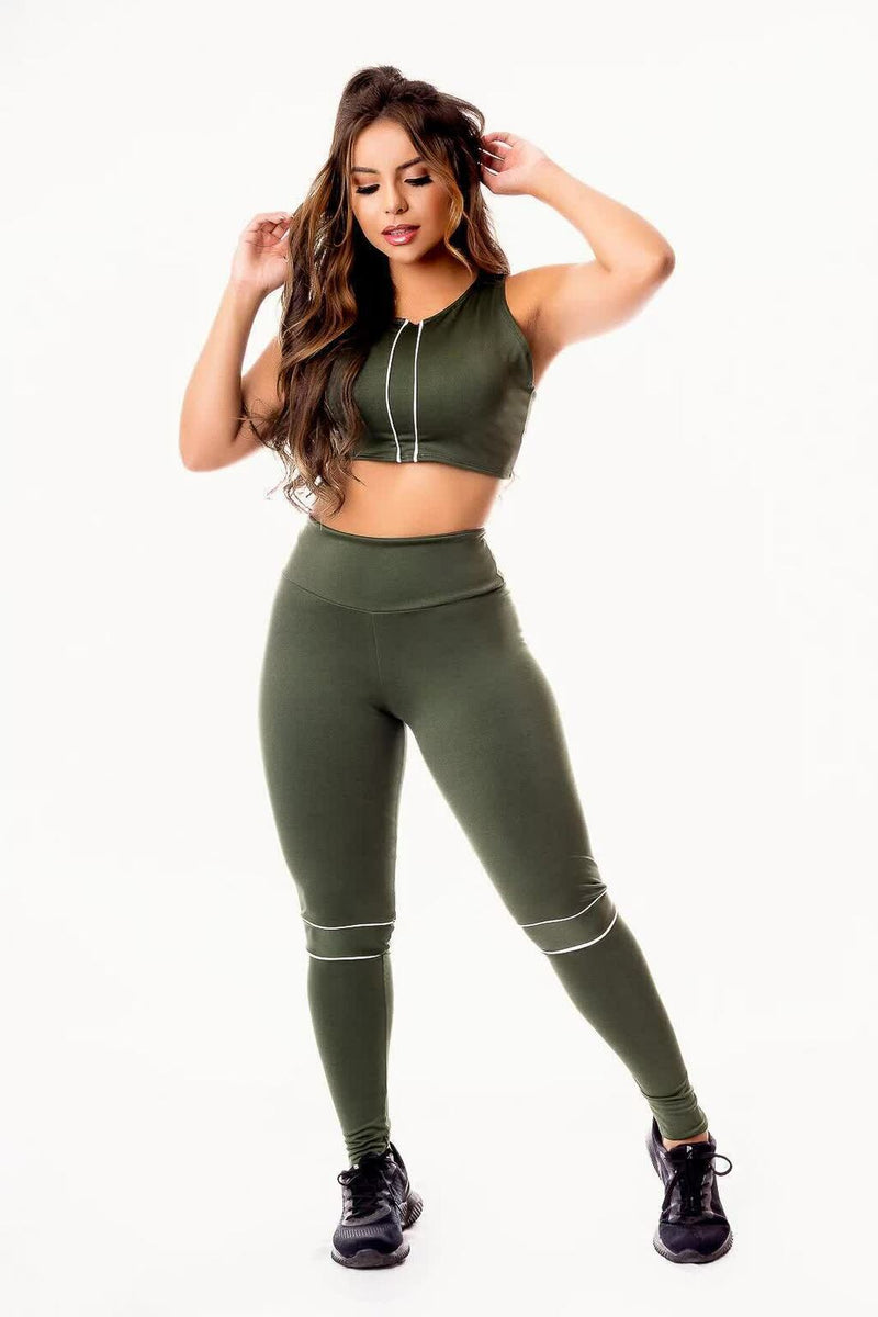 Conjunto Fitness Feminino Cropped Regata Verde Militar Listra Branca + Calça Legging Cintura Alta Verde Militar Listra Branca