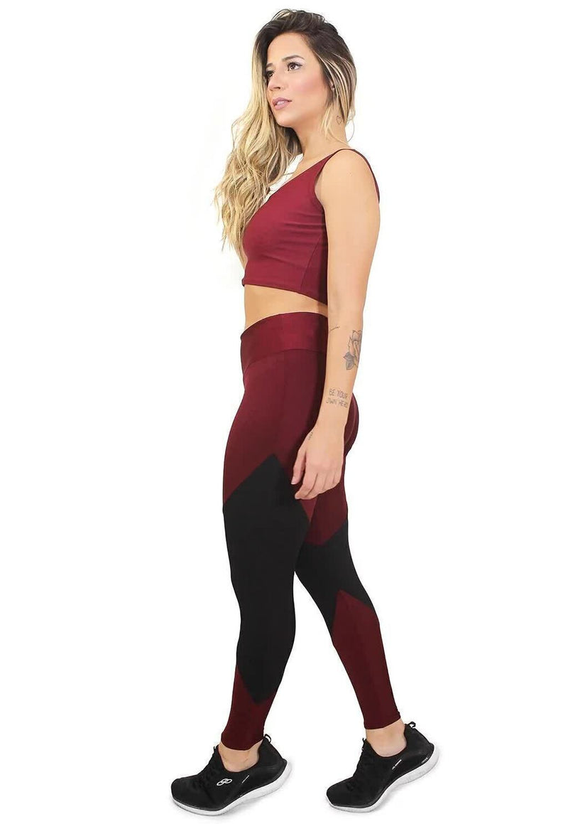 Conjunto Feminino Fitness Cropped e Calça Legging Vinho e Preto