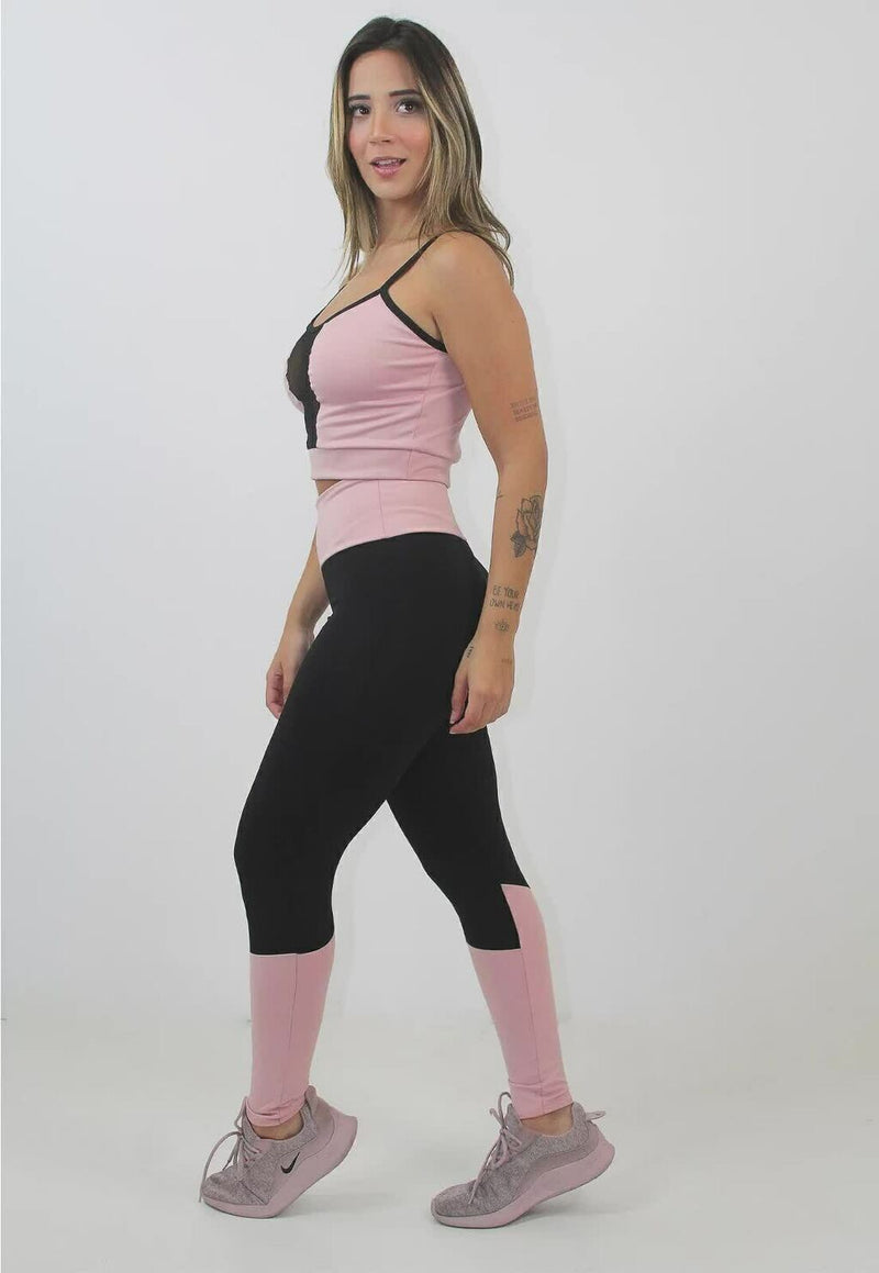 Conjunto Fitness Feminino Cropped Alcinha Rosa Detalhe De Tela + Calça Legging Cinta Alta Preta Detalhe Rosa