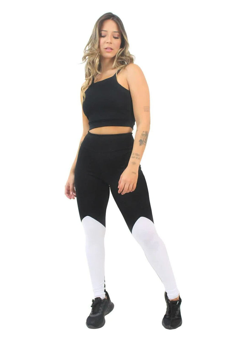 Conjunto Fitness Feminino Cropped Alcinha Preto + Calça Legging Cintura Alta Preta Detalhe Branco