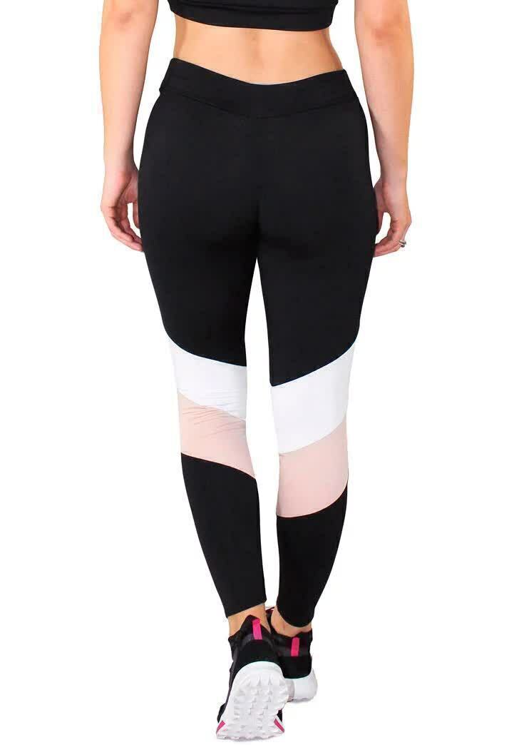 Calça Legging Feminina Cintura Alta Preta Com Detalhe Branco e Rosa